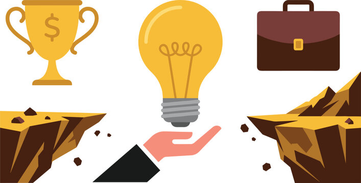 Business solution and innovation concept vector set featuring gold trophy cup lightbulb hand briefcase and rocky cliff gap