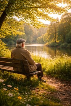 Elderly man relaxing on a park bench, looking out at a calm river surrounded by lush green trees and warm golden hour light, finding peace and solitude in nature