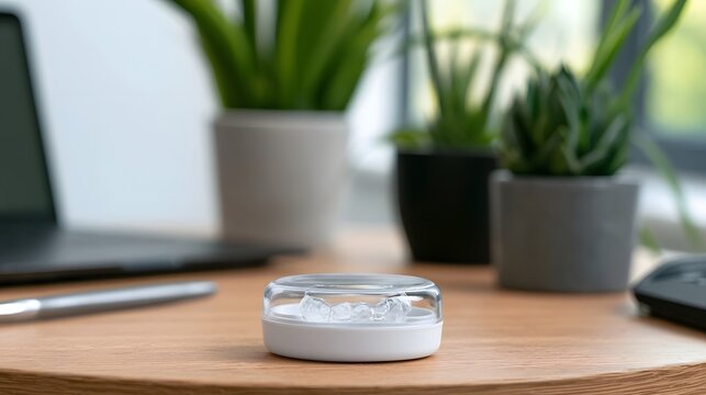 A clear dental retainer case sits on a wooden desk beside potted plants and a laptop in a bright  minimalist workspace