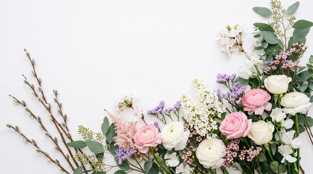Assortment of pastel flowers and pussy willow branches on a white background, symbolizing spring and renewal