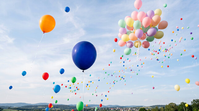 Colorful balloons float serenely against a vast, cloudy sky, symbolizing joy, celebration, and freedom as they ascend.