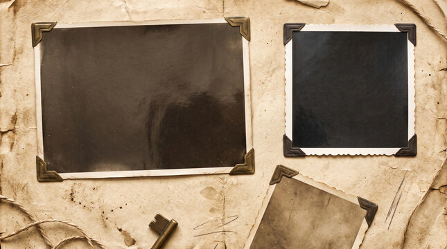 Vintage photo corner on aged paper, with empty frames and a key, symbolizing memory, nostalgia, and past times.