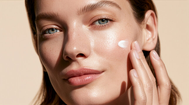 a woman gently applying moisturizing cream on her cheek. soft beige background