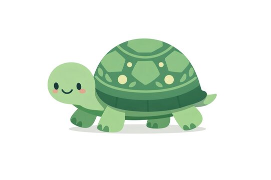 Green cartoon turtle character smiling, bringing a sense of childhood wonder, cuteness, and slow paced joy, isolated for various design applications