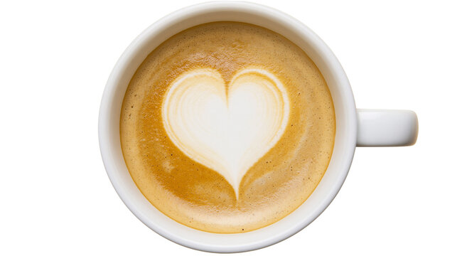 White ceramic mug with latte art heart shape, isolated on transparent background