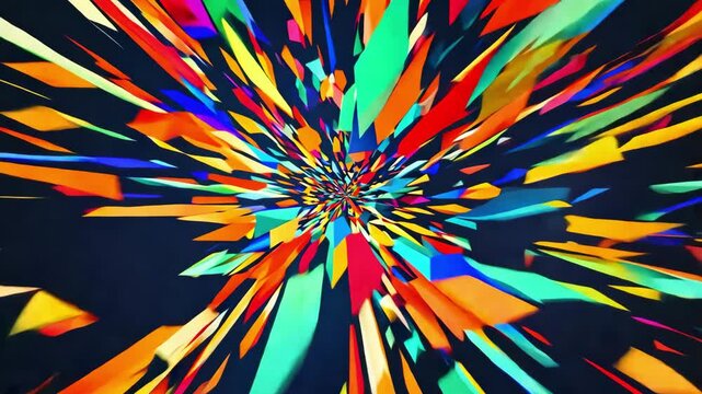 Explosive colorful abstract burst of vibrant shards radiating outward, dynamic energy motion, festive celebration concept, creative graphic design, vivid movement.