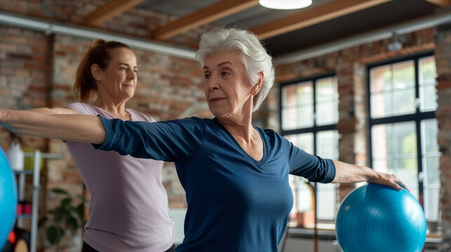 active senior woman practicing balance exercises with a physiotherapist in a bright rehabilitation studio, healthy aging