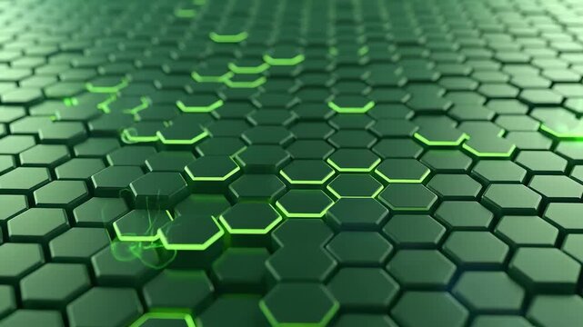 Abstract futuristic dark green technology background with glowing light moving across a hexagonal grid surface pattern