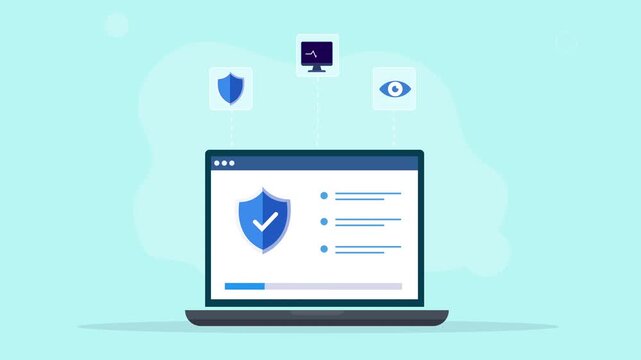 Modern flat vector animation showing a laptop with a security shield interface and floating protection icons, representing cybersecurity, data protection, privacy, secure access, and digital safety.