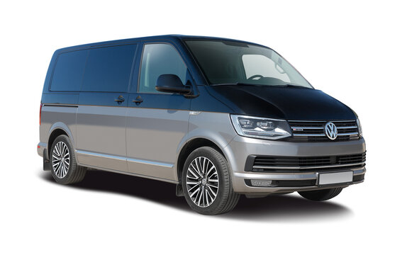 Two-tone Black and silver modern commercial van VW Transporter T6 4motion three quarter front view isolated on transparent background.