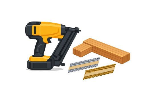 Cordless nail gun with a battery pack, ready with strips of collated nails and interlocking wooden planks, representing construction, carpentry, and building projects