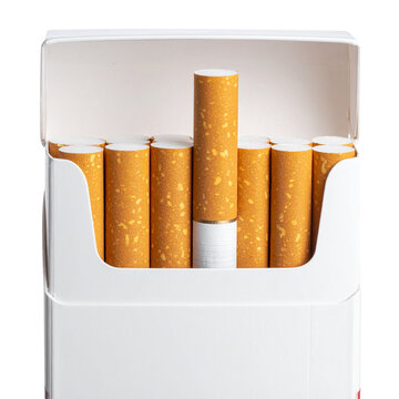 Open Cigarette Box Viewed from Above with Exposed Cigarettes, Isolated on Transparent Background 
