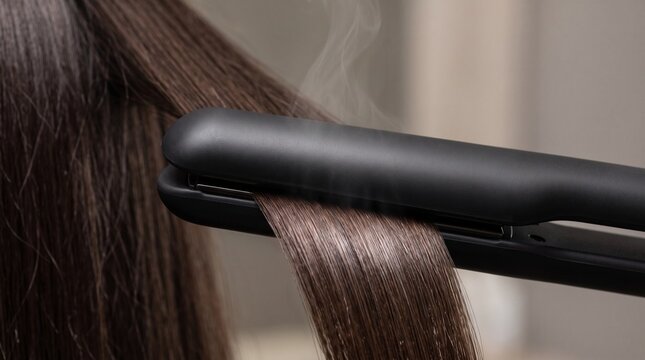 Professional flat iron straightening dark glossy hair with visible heat steam, hair styling concept