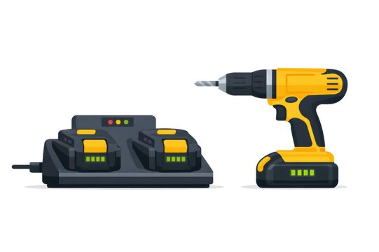 Yellow and black cordless drill standing beside a battery charger unit with two additional rechargeable batteries, highlighting essential elements for construction and home improvement tasks