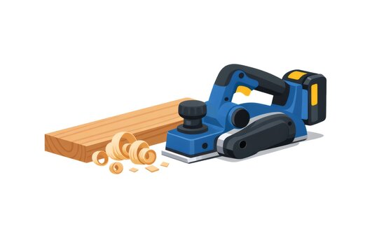 Cordless electric planer processing a wooden board, generating numerous wood shavings, symbolizing carpentry work, craftsmanship, and woodworking projects on a white background