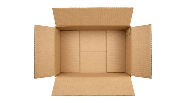 Large rectangular cardboard box with open flaps captured from top view for storage or shipping purposes presented on transparent background