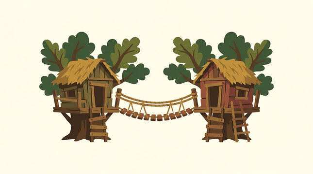 Two cartoon treehouses connected by a suspended rope bridge, featuring thatched roofs and wooden ladders amidst stylized trees.
