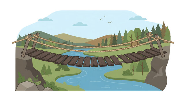 Wooden suspension bridge spanning across a flowing river in a lush natural landscape with rolling hills and trees