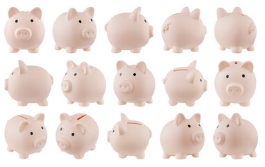 Comprehensive set of pink piggy bank views for finance and savings concepts. Professional 3D-style studio photography of money box isolated on white © Minakryn Ruslan 