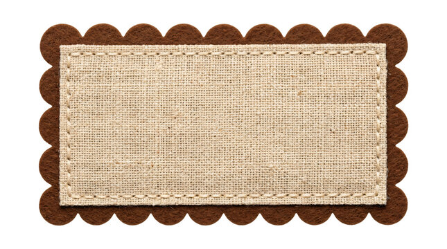 Rectangular canvas fabric label with scalloped brown felt border design featuring stitching details for branding display on transparent background