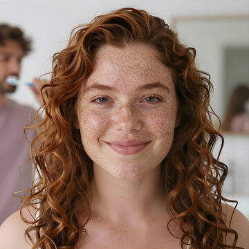 An extreme close-up of a woman's cheek featuring subtle natural freckles and dewy skin.