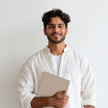 Handsome young man with dark curly hair and beard holding a notebook standing against white wall
