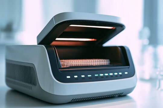 Cutting-edge PCR Thermal Cycler in Lab Open Lid Showing Sample Tubes for Genetic Research