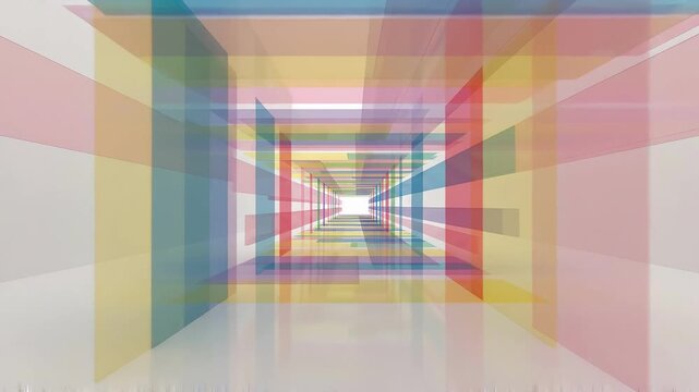 Abstract infinite tunnel formed by intersecting translucent colored glass panels in a clean bright space