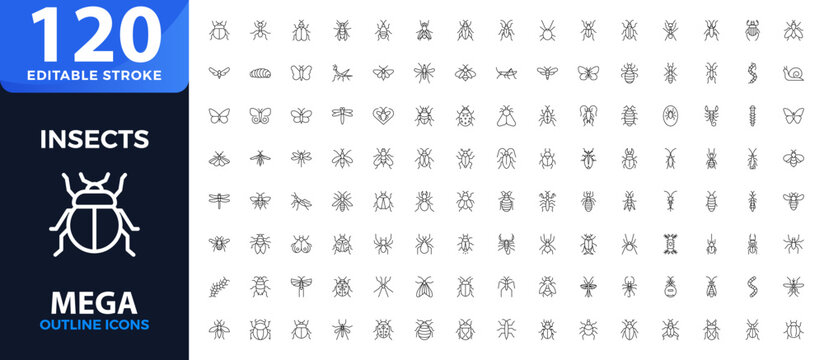 Insect Outline Icons Set with Ant, Mosquito, Butterfly, Spider, Bee, Beetle, Dragonfly, Pest Control, Wildlife, Biology, Nature, Zoology, and Educational. Editable stroke outline icon.
