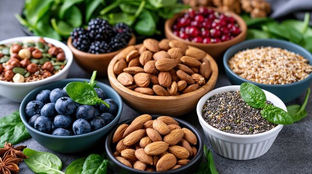 A colorful assortment of healthy foods in small bowls arranged on a textured surface.