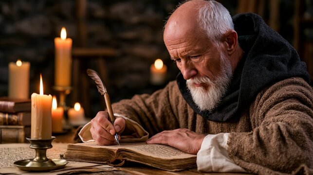 Elderly man diligently writing in an old book by candlelight.