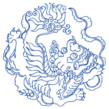 Chinese Qilin and Pixiu Auspicious Animal Pattern, Traditional Mythical Creature Vector Illustration