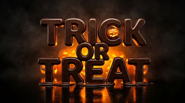 Trick or treat text sign with glowing orange fire flames isolated on a dark black background