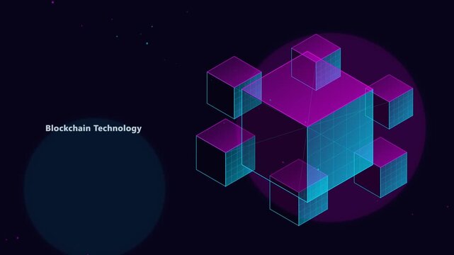 Blockchain technology concept with glowing digital cubes and abstract data network animation.