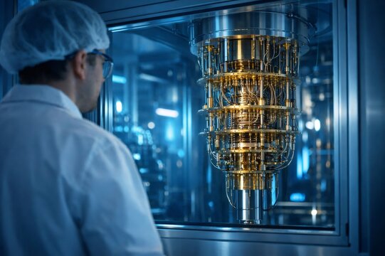 Engineer working in a cleanroom environment, observing a quantum computer's intricate cryostat hardware, representing cutting edge research in future technology and data science