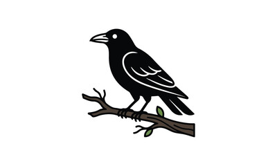 Fototapeta premium Black crow perched on a tree branch illustration on white background
