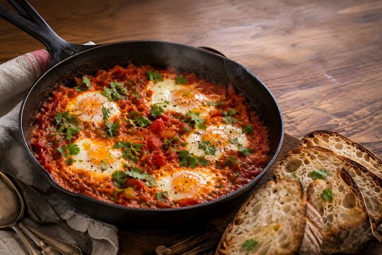 Shakshuka with eggs in a cast iron skillet served with rustic sourdough bread slices