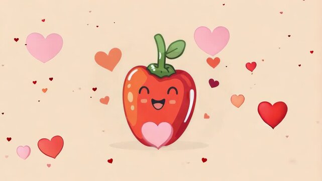 Cheerful cartoon strawberry character smiling among floating hearts, cute fruit mascot, playful valentine illustration, joyful love scene, charming design.
