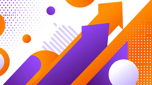 Dynamic abstract business background with upward arrows geometric shapes in vibrant purple and orange color palette
