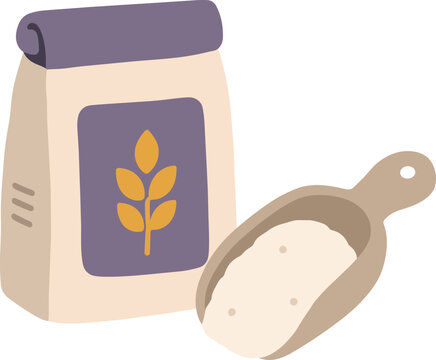 Wheat flour bag with measuring scoop flat color food icon illustration isolated on white background for baking, cooking and grocery concepts.