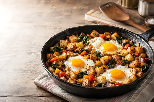 Fried eggs with potato hash in a cast iron skillet on a rustic wooden table background.