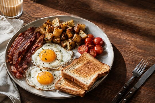 Full English breakfast with fried eggs, crispy bacon, roasted potatoes and toasted bread