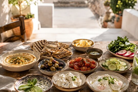 Mediterranean mezze platter with hummus, pita bread, olives and fresh salad on a table.