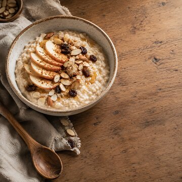 Bowl of creamy oatmeal with sliced apples, nuts and raisins on a rustic wooden table