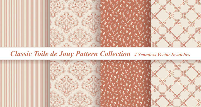 Terracotta Toile de Jouy Pattern Set - Vintage Botanical & Cottagecore Backgrounds
