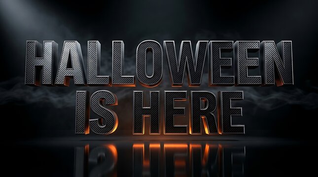 Metallic halloween is here text design with dark moody lighting and dramatic shadows for holiday promotion