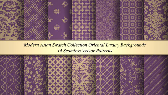 Elegant purple & Gold Asian Pattern Set - Soft Oriental Luxury Seamless Backgrounds
