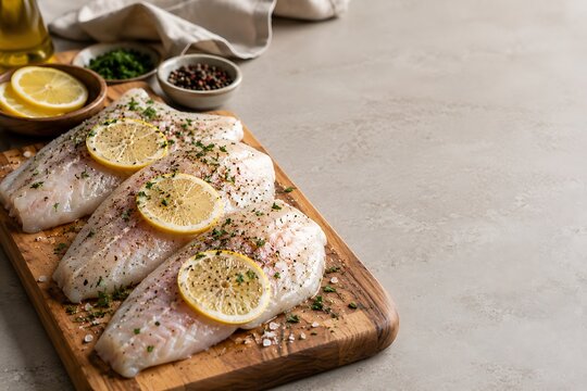 Raw white fish fillets with lemon slices and herbs on a wooden cutting board