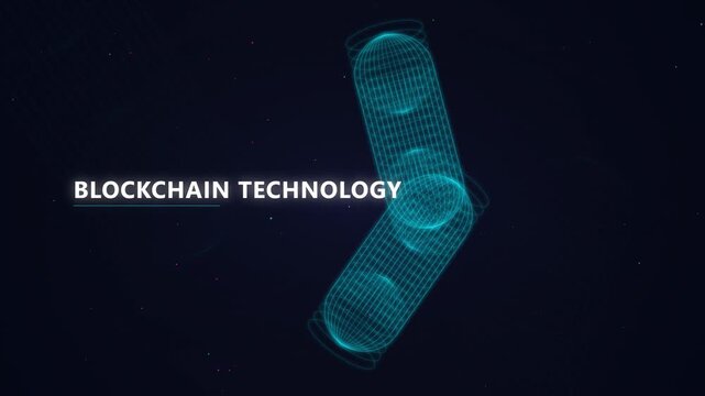 Blockchain technology digital concept with glowing blue data structures and network nodes.