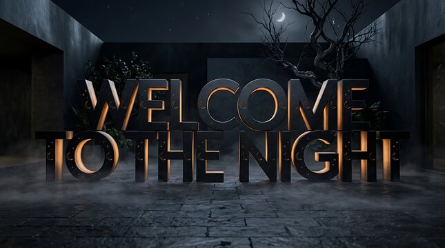 Three dimensional metallic text reading welcome to the night set against a dark moody background scene